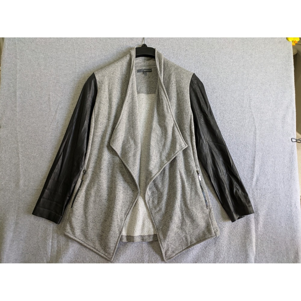 Matty M Cardigan Women's XS Open Front Faux‎ Leather Sleeves USA Made Sweater